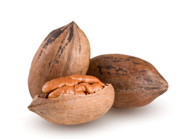 Tři pekanové ořechy izolovaných na bílém pozadí — Stock fotografie