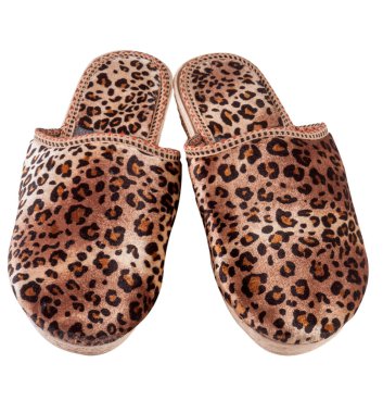 Beyaz arka plan üzerinde izole kadın iç leopar terlik