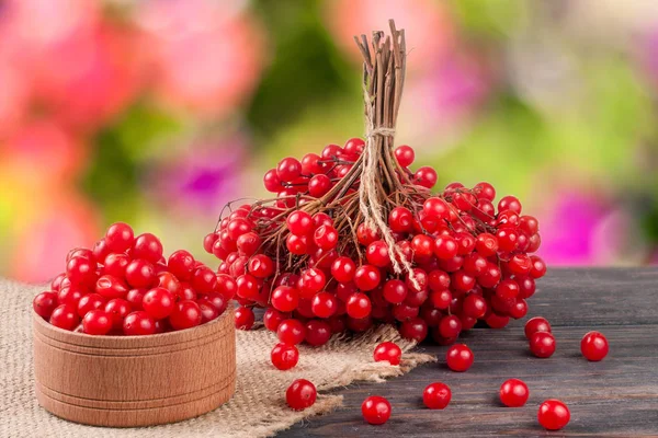 Bacche di viburno rosso mature in una ciotola di legno sul tavolo con sfondo del giardino sfocato — Foto Stock