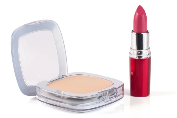 Make-up powder and lipstick isolated on white background — Stock Photo, Image