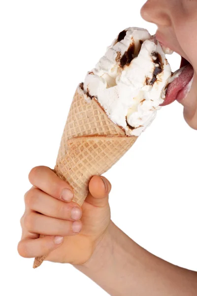 Child eating ice cream isolated on white background closeup — Stock Photo, Image