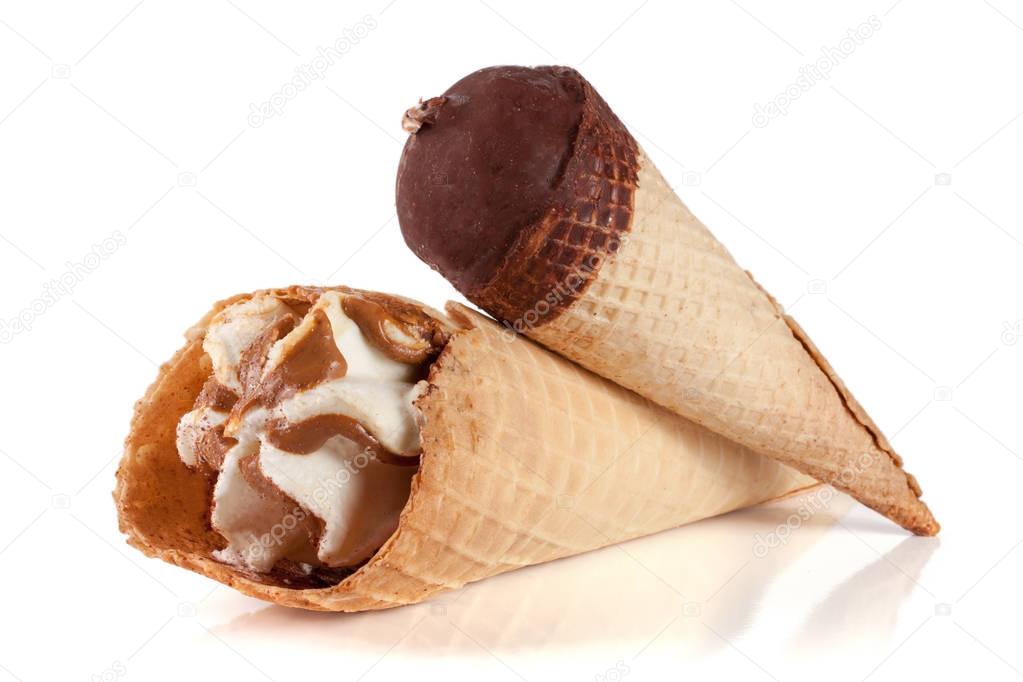 two cones of ice creams with chocolate isolated white background