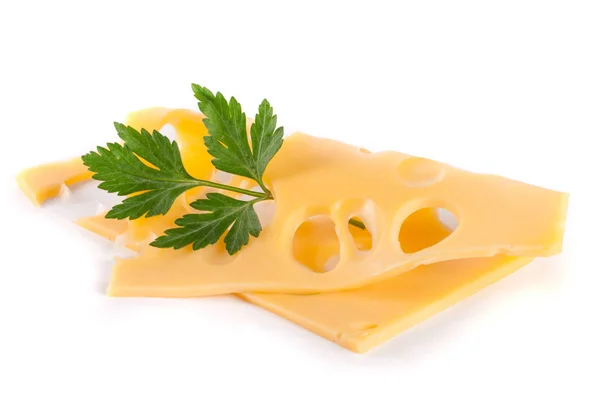Rebanada de queso con perejil de hoja aislado sobre fondo blanco recorte —  Fotos de Stock