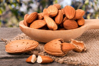 soyulmuş badem bir tahta kaşık masada yığını Bahçe arka plan bulanık