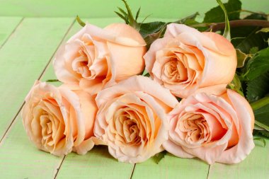 Yeşil ahşap arka plan üzerinde beş taze bej gül