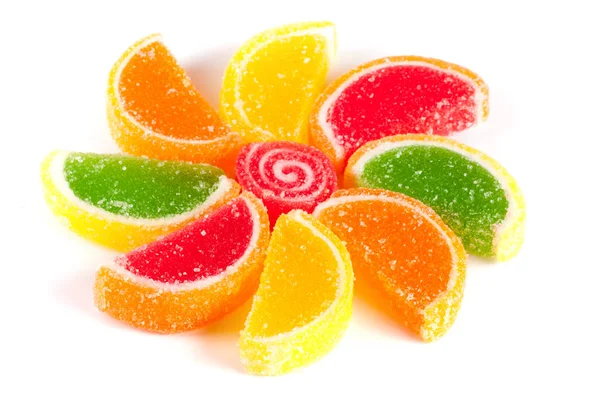 Colorful jellies like slices of lemon and orange isolated on white background — Stock Photo, Image