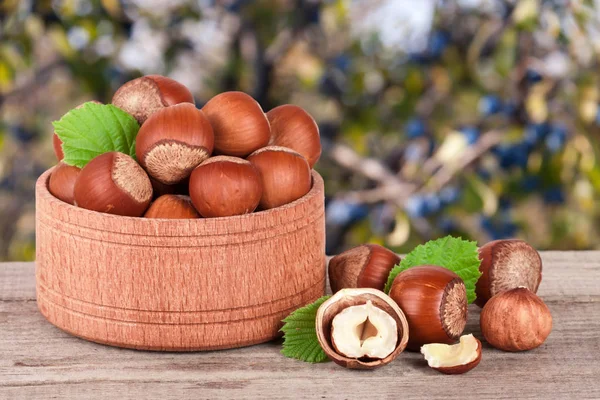 Hazelnoten met bladeren in een houten kom op een houten tafel met onscherpe achtergrond van de tuin — Stockfoto