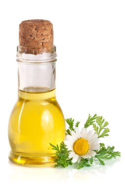 Beyaz arka planda özgün yağ ve taze papatya çiçekleri bulunan şişe.