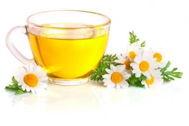 Beyaz arka plan üzerinde izole taze papatya çiçeği ile bitkisel çay