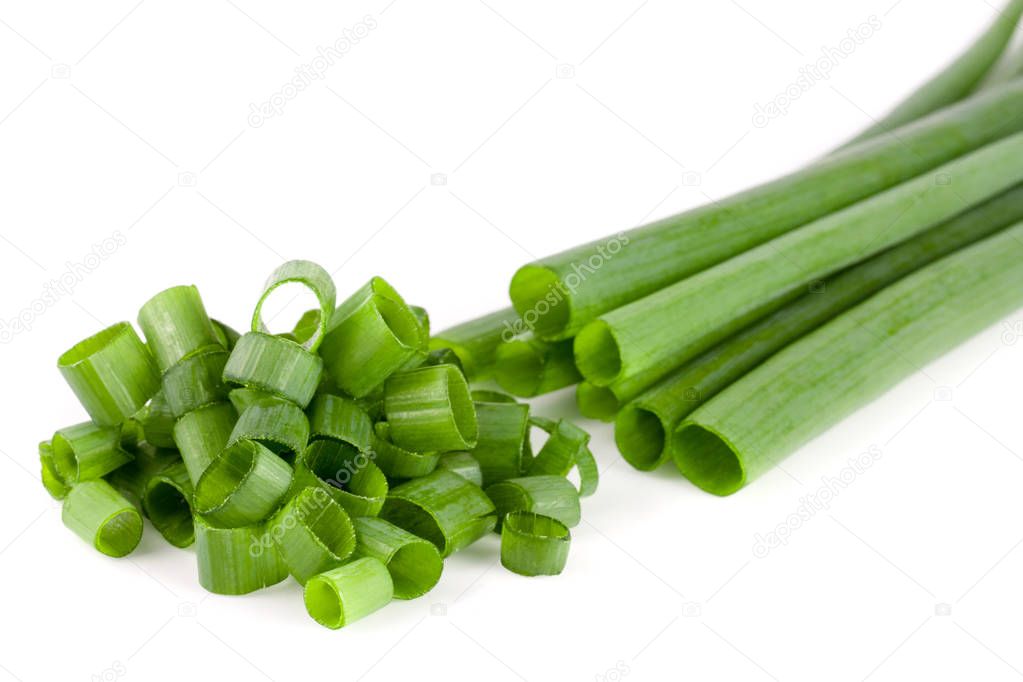 Chopped fresh green onions isolated on white background