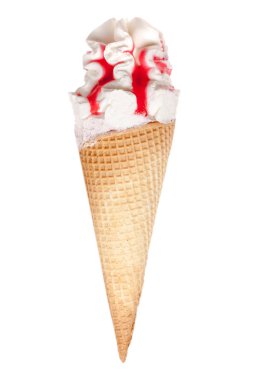 Beyaz arka planda izole edilmiş waffle 'larda farklı türde dondurma.