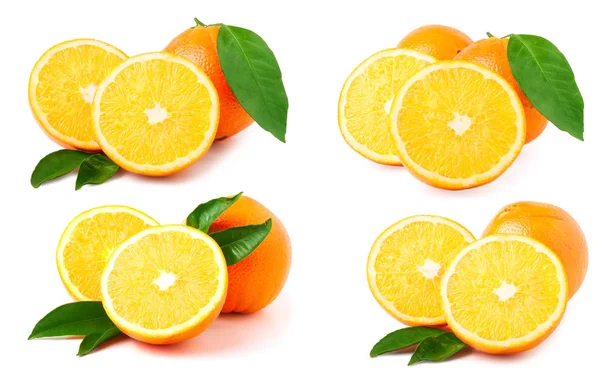 Naranja con hojas aisladas sobre fondo blanco. Conjunto o colección —  Fotos de Stock