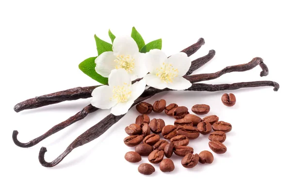 Stik vanili dan biji kopi dengan bunga terisolasi pada latar belakang putih — Stok Foto