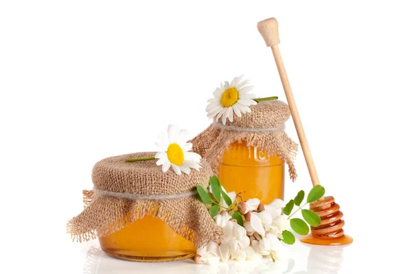 Csupor mézet a virágok az akác és a Kamilla elszigetelt fehér background — Stock Fotó