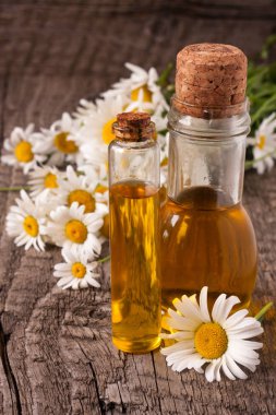 esans ve eski ahşap arka plan üzerinde taze papatya çiçeği ile şişe