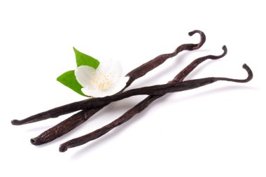 Çiçek ve yaprak beyaz arka plan üzerinde izole ile vanilya çubukları