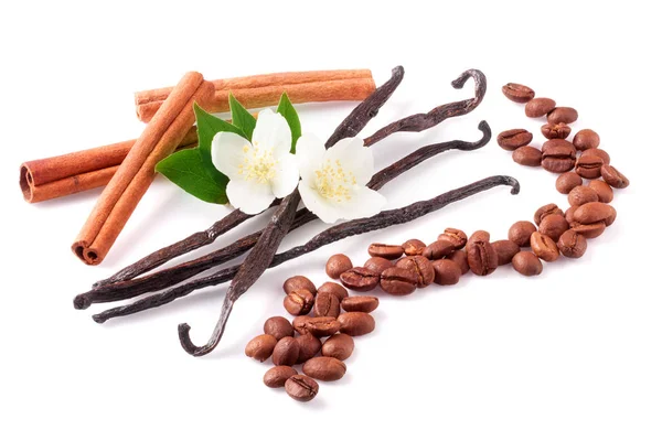 Palitos de vainilla y canela con granos de café y flores aisladas sobre fondo blanco — Foto de Stock