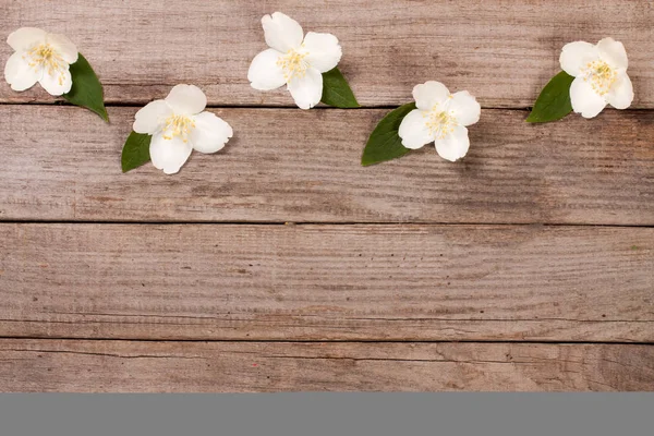 Eski ahşap arka plan kopya alanı metni ile çerçeve Yasemin çiçekleri. Üstten Görünüm. Düğün davetiye kartı