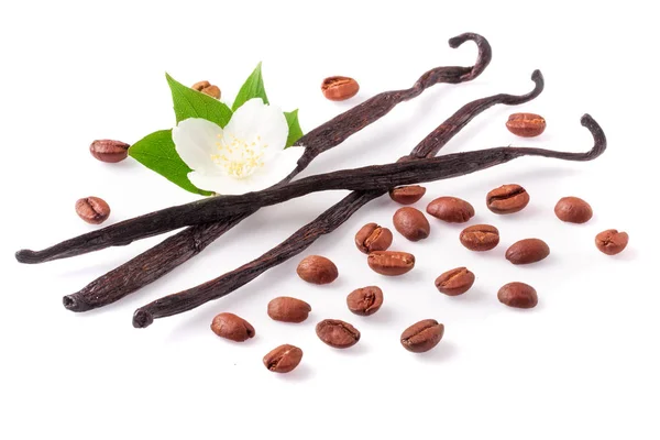 Palitos de vainilla y granos de café con flor aislada sobre fondo blanco — Foto de Stock