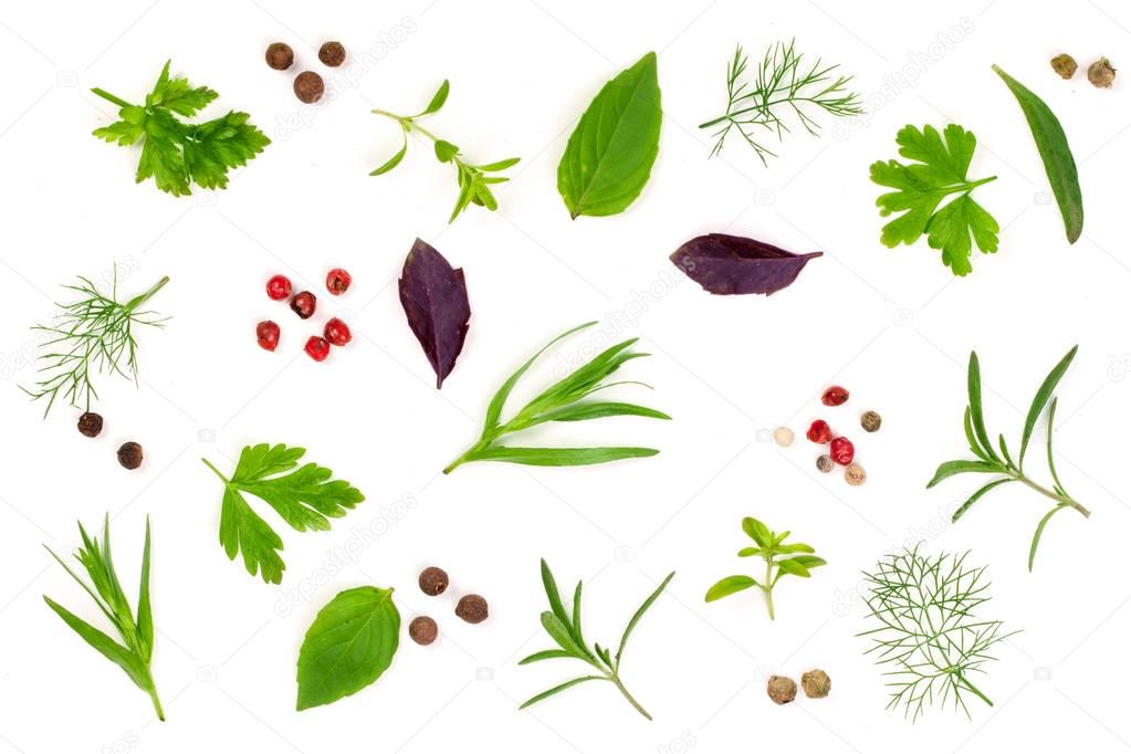 Fresh spices and herbs isolated on white background. Dill parsley basil thyme tartun peppercorns. Top view