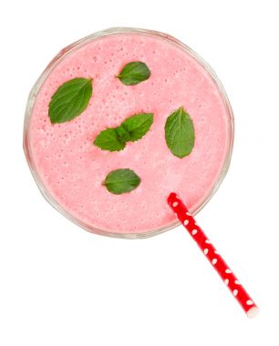 Ahududu yoğurt nane ile izole üzerinde beyaz arka plan bırakır. Üstten Görünüm