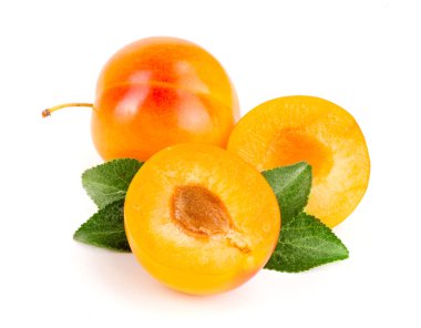 Beyaz arkaplanda yaprakları olan sarı erik