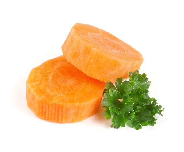 Chopped carrot slices and parsley herb leaves isolated on white background — Stock Photo, Image