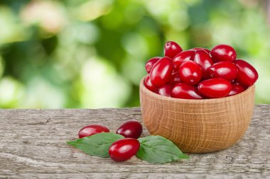 Kızılcık berry yaprak kase bulanık bir bahçe arka plan ile ahşap tablo
