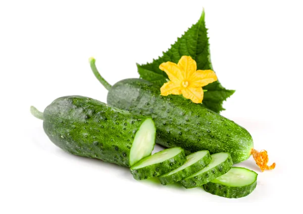 Gesneden komkommer met blad en bloem geïsoleerd op een witte achtergrond — Stockfoto