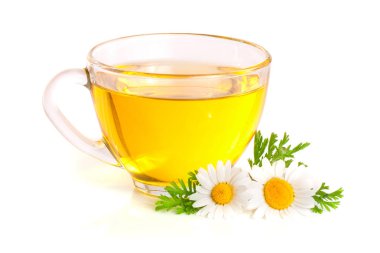 Beyaz arka plan üzerinde izole taze papatya çiçeği ile bitkisel çay