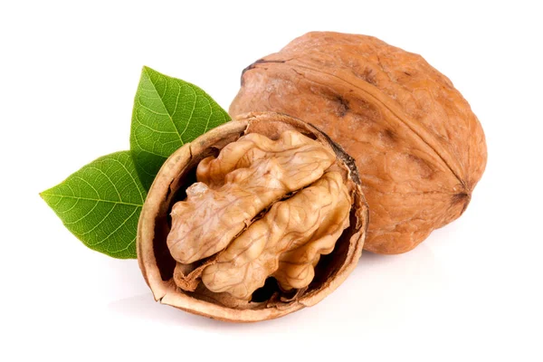 Walnuts with leaf isolated on white background — Stock Photo, Image