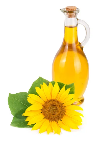 Olej słonecznikowy i kwiat izolowane na białym tle — Zdjęcie stockowe