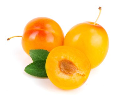 Beyaz arkaplanda yaprakları olan sarı erik