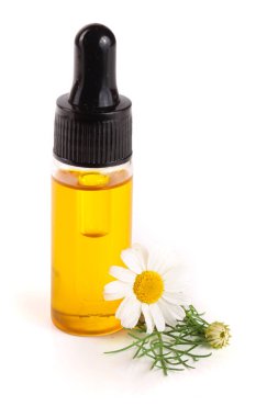 Beyaz arka planda özgün yağ ve taze papatya çiçekleri bulunan şişe.