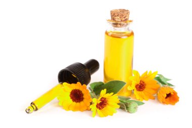 aromaterapi Uçucu yağ kadife çiçeği çiçek izole beyaz arka plan ile