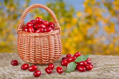 Kızılcık berry sepet bulanık bir bahçe arka plan ile ahşap masa üzerinde yaprak ile