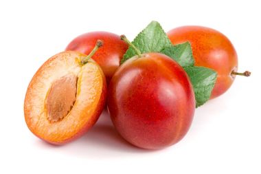 Kırmızı Erik yarısı beyaz arka plan üzerinde izole yaprakları ile sona
