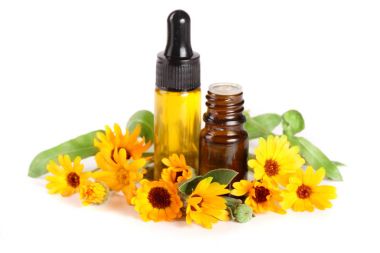 aromaterapi Uçucu yağ kadife çiçeği çiçek izole beyaz arka plan ile
