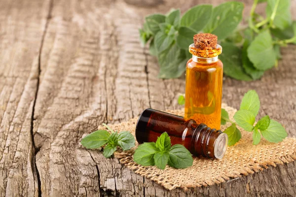 Botella de aceite de menta y menta fresca sobre un fondo de madera viejo — Foto de Stock