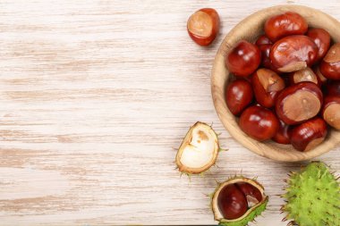 kestane kase kopya alanı metniniz için Beyaz ahşap zemin üzerine. Üstten Görünüm