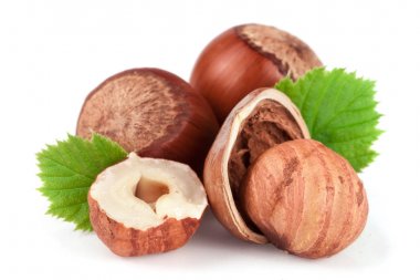 Beyaz arkaplanda yaprakları olan fındıklar