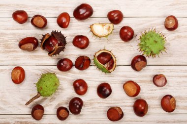 bir ışık ahşap arka plan üzerinde izole kestane. Üstten Görünüm