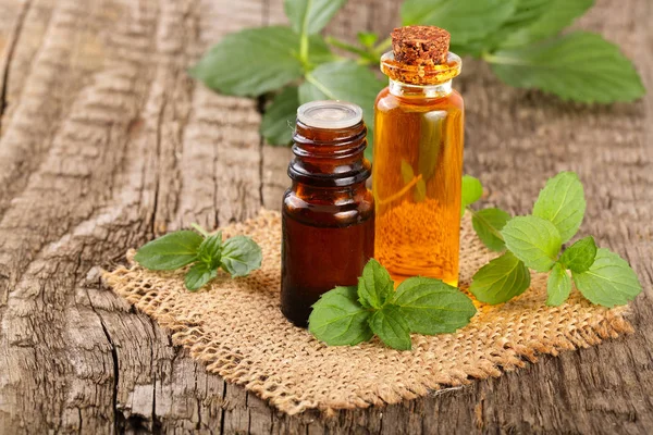 Botella de aceite de menta y menta fresca sobre un fondo de madera viejo — Foto de Stock