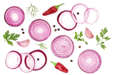 soğan, sarımsak, acı biber ve baharat beyaz arka plan üzerinde izole. Üstten Görünüm