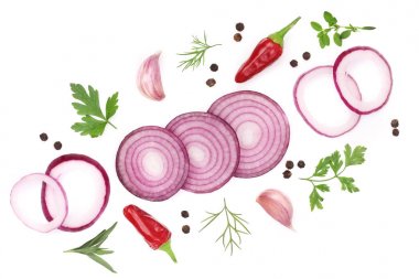 soğan, sarımsak, acı biber ve baharat beyaz arka plan üzerinde izole. Üstten Görünüm