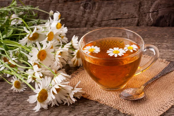 Eski ahşap zemin üzerine taze papatya çiçeği ile bitkisel çay — Stok fotoğraf
