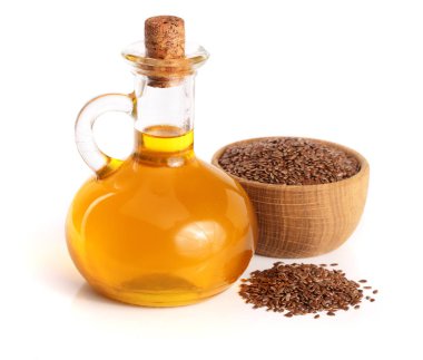 keten tohumu yağı ile beyaz arka plan üzerinde izole keten tohumu