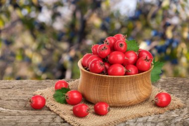 Hawthorn berry yaprak bulanık bir bahçe arka plan ile ahşap masa üzerinde bir kase ile