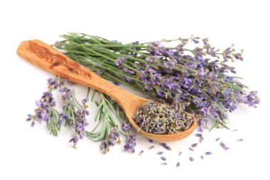 Beyaz bir arka plan üzerinde izole kaşık ile lavanta demet