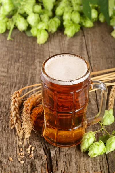 bardak köpüklü bira hop koniler ve eski ahşap zemin üzerine buğday ile